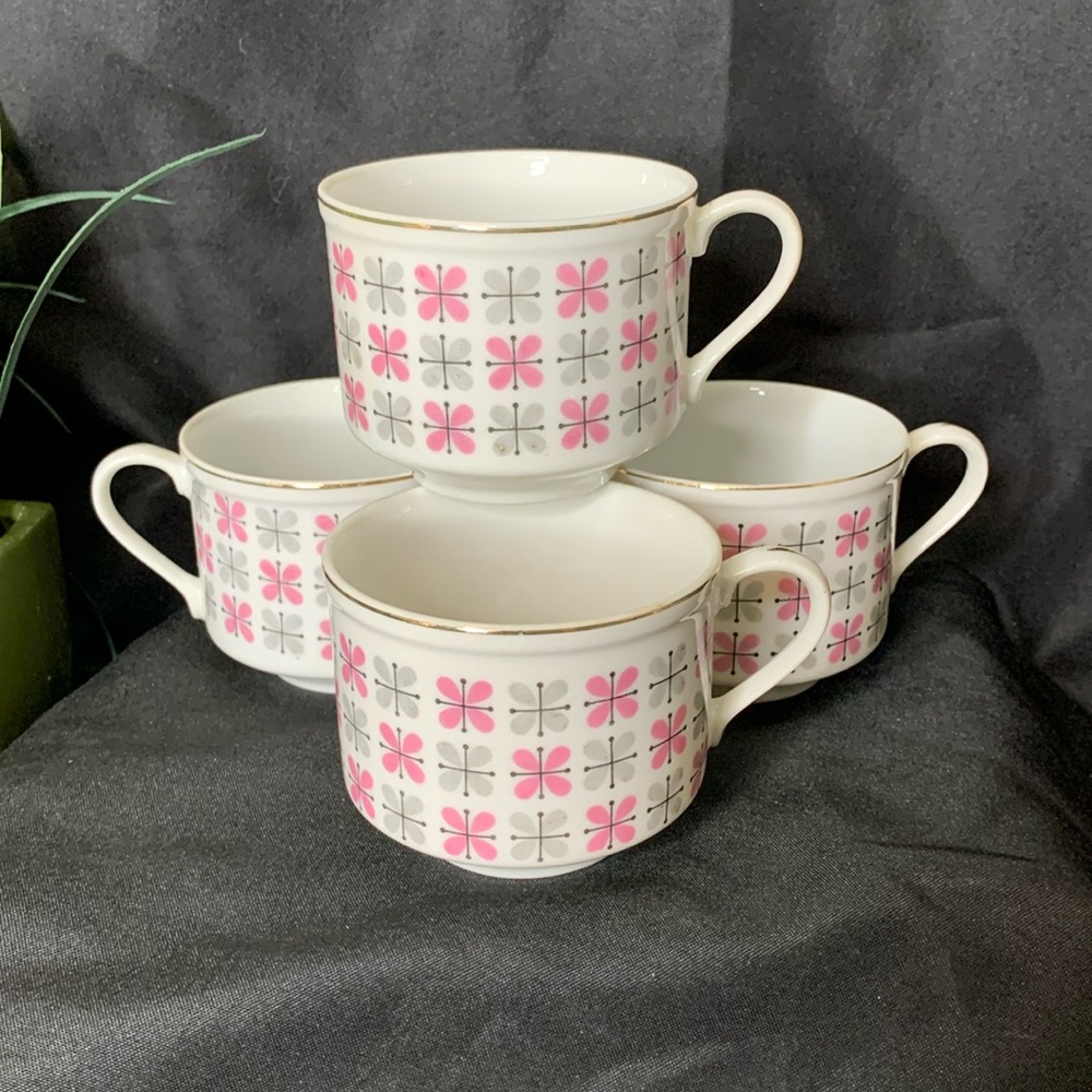 Set of 4 Rossini Ceramic gray, pink, black and white Tea cups